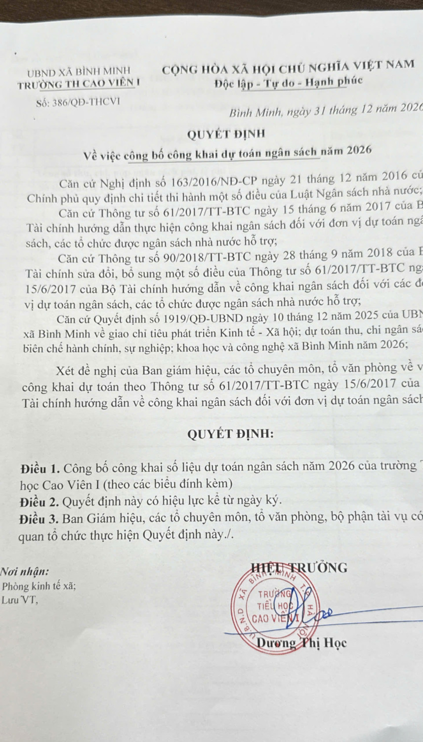 Trường tiểu học Cao Viên I ra Quyết Định công khai dự toán ngân sách 2026