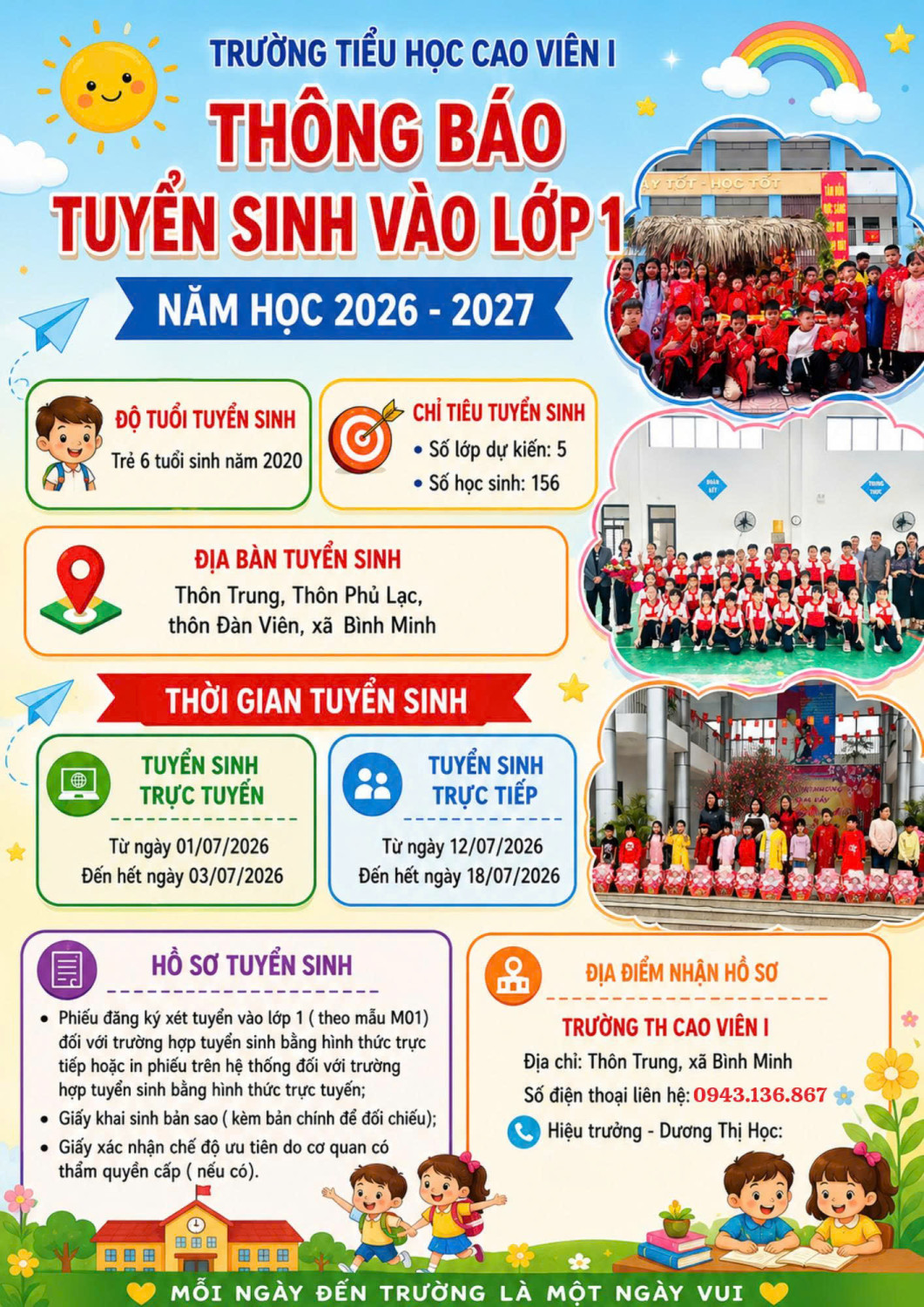 Trường tiểu học Cao Viên I thông báo tuyển sinh lớp 1 năm học 2026 - 2027