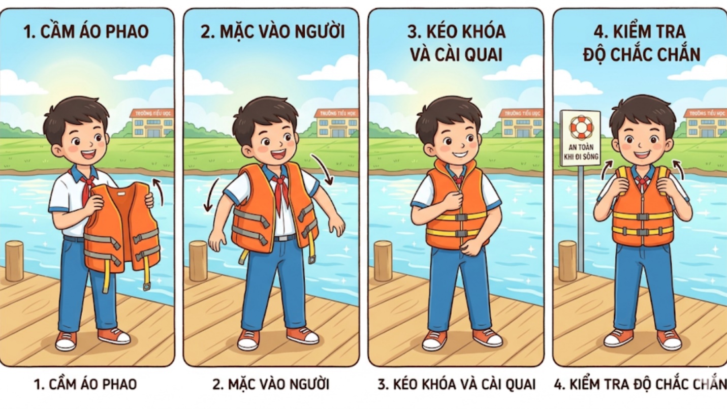 Viết lời hướng dẫn các bước mặc áo phao Tập làm văn lớp 4